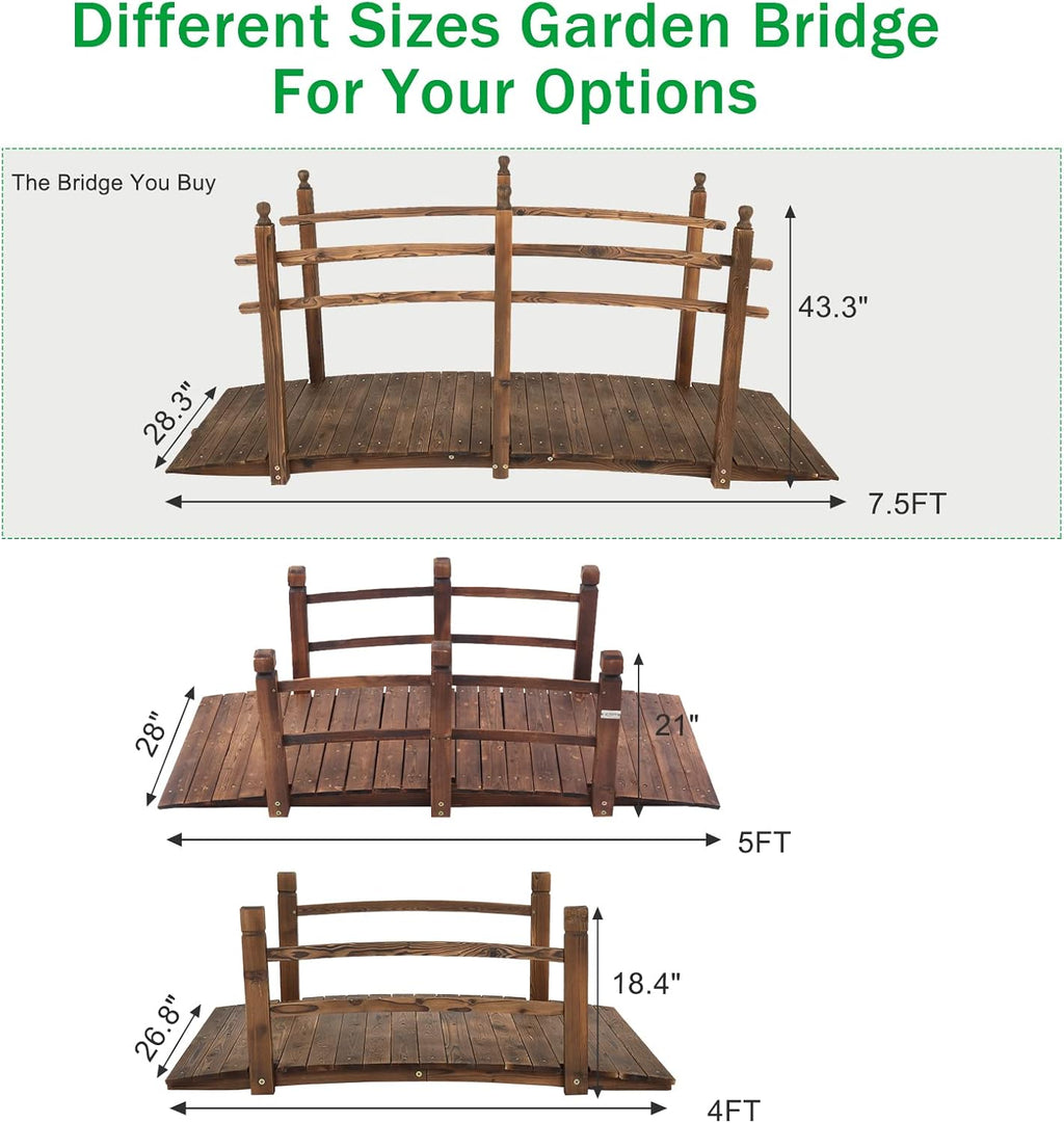 VINGLI 7.5 ft Garden Bridge, Arch Walkway Wooden Bridge with Safety Rails Stained Finished, Decorative Landscaping Footbridge for Koi Pond, Dry Creek Bed, Garden Pathway or Rustic Wedding Decor