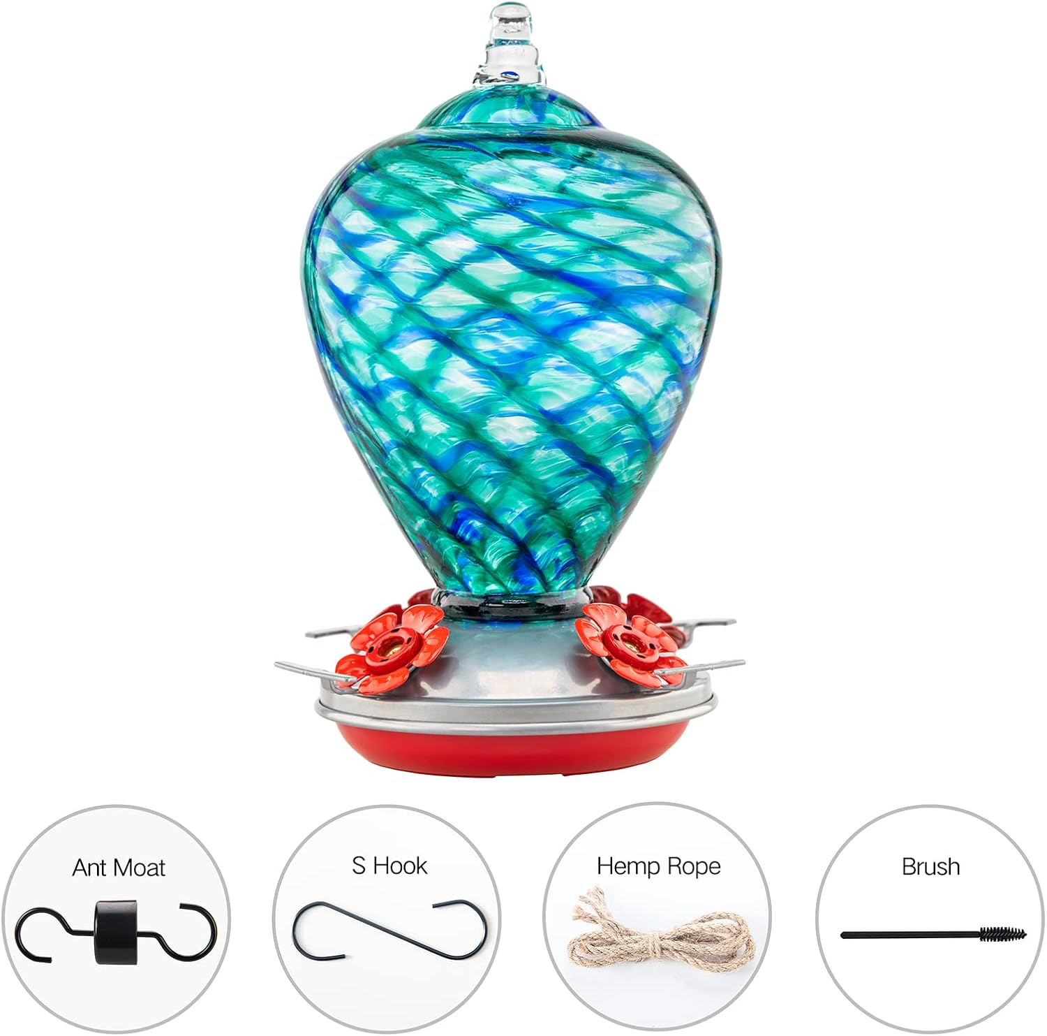 Hummingbird Feeders, 34OZ Hand Blown Glass Hummingbird Feeder for Outdoors Hanging with Ant MoatHooks, Perfect for Gardening Yard Patio Decor Gifts (Blue Mermaid)