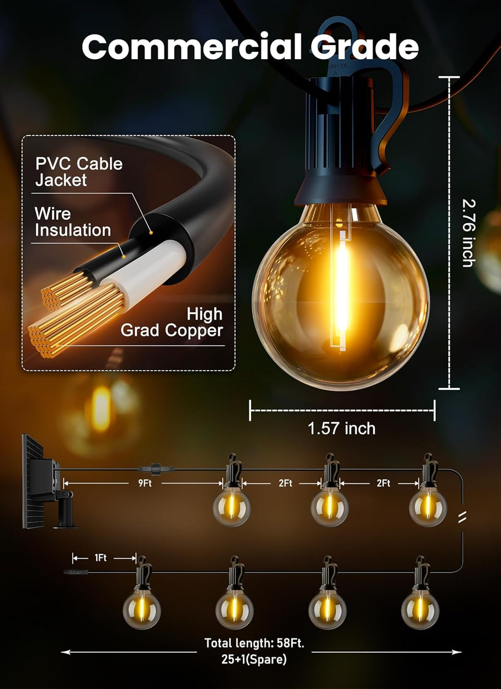 Brightown 58FT Solar String Lights Outdoor with Remote and 26 LED Shatterproof Bulbs, Dimmable & Timable, 3 Light Modes, Solar Patio String Lights Outdoor for Cafe, Garden, Deck, Outside Wedding