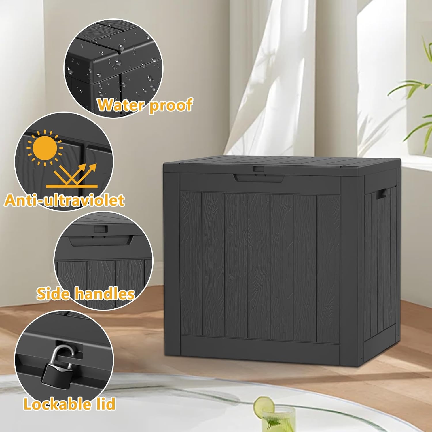 30 Gallon Outdoor Storage Box, UV Resistant Outdoor Storage Box Waterproof, Lockable Resin Deck Box for Garden Tools Equipment and Cushions, Black
