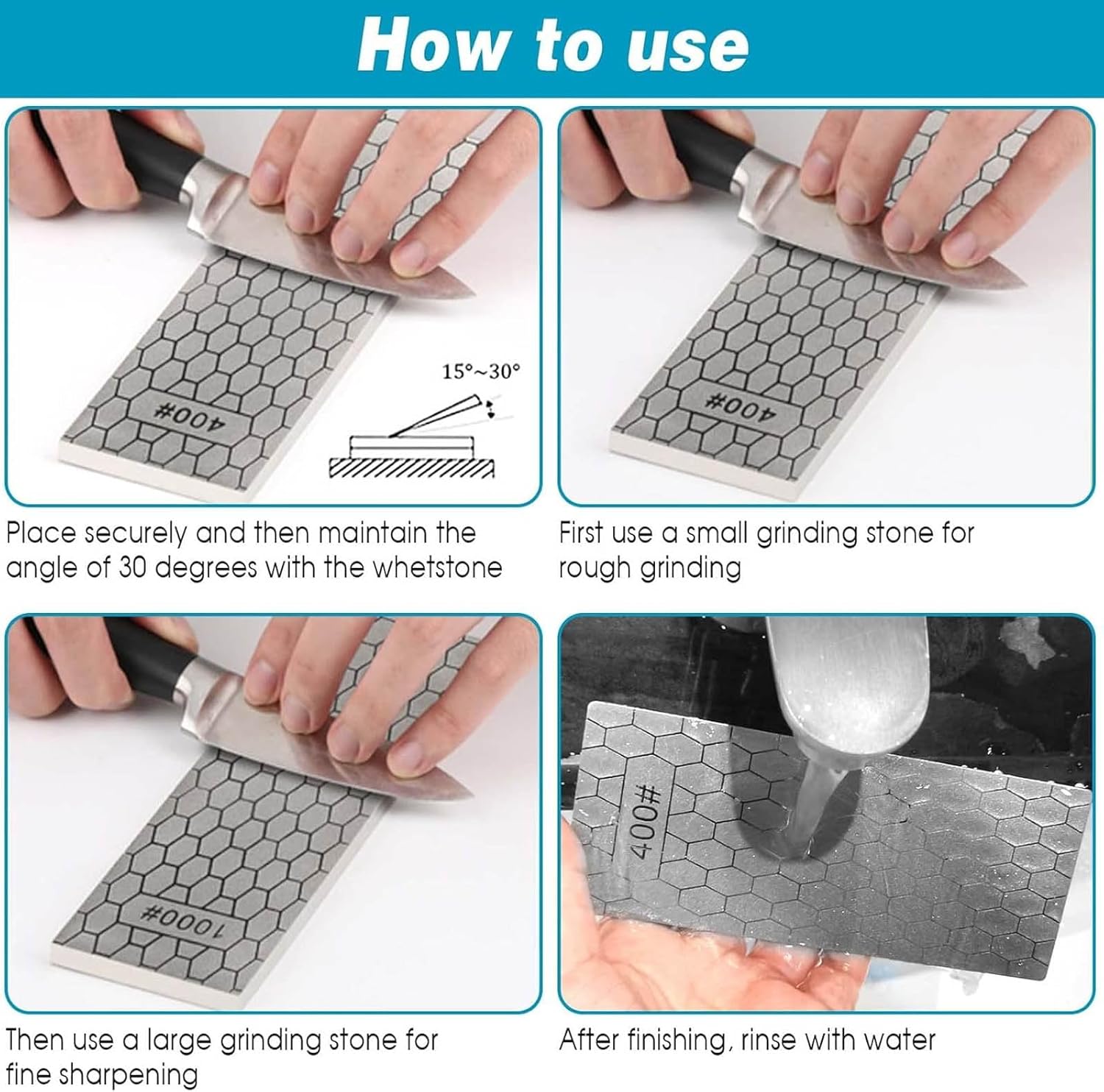 Diamond Sharpening Stone Set, 4 Pcs Diamond Lapping Plate Coarse/Medium/Fine Grit Sharpener, 400/600/1200/2500 Grit，Perfect Assistance Sharpener Angle Guide