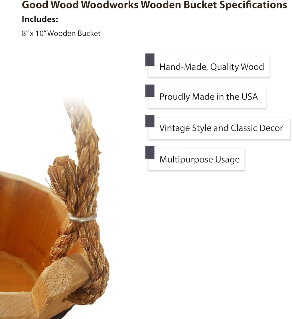 Good Wood - Wooden Bucket 8" x 10" Water Wishing Well Pail with Rope Twine Handle Solid Wood Vintage Style Primitive Planter - Made in The USA