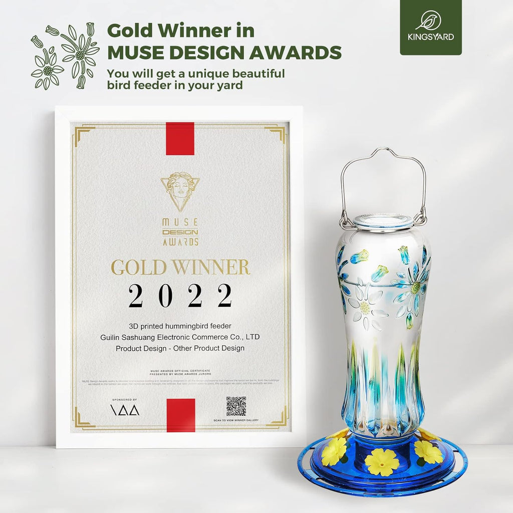 Kingsyard Hummingbird Feeder for Outdoors Hanging, 25 Ounces, Glass Humming Bird Nectar Feeder with Ant Moat & 6 Feeding Ports, Leak Proof, Blue