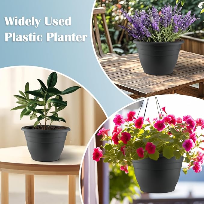 11 Inch Plant Pots, 3 Pack Planters for Indoor Ourdoor Plants, Round Plastic Flower Pots, Large Planters with Drainage Hole and Plug, Gray