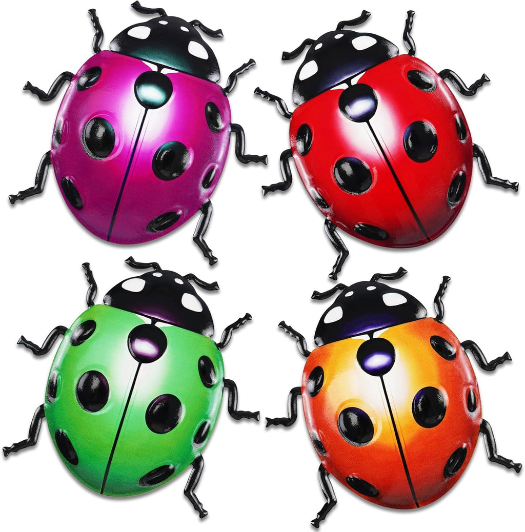 ULENDIS 4 PCS Cute Metal Ladybugs Wall Art Decor, 6.3 Inch Large Outdoor Wall Art Patio Fence Decorations, Colorful Yard Art Lawn Ornaments for Backyard Balcony