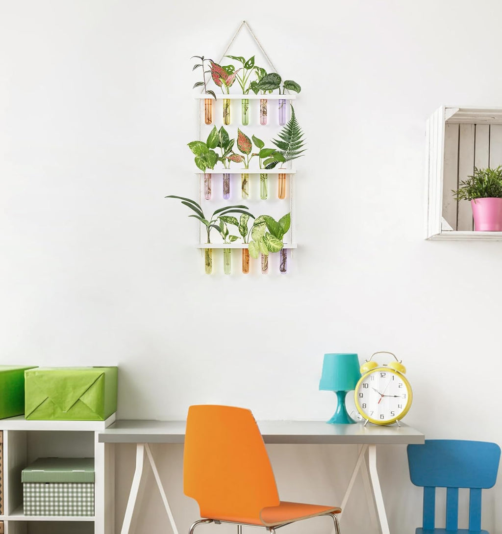 Mkono Plant Propagation Tubes, 3 Tiered Wall Hanging Terrarium with Wooden Stand Test Tube Flower Vase Glass Planter Stations Home Office Decor Plant Lover Gift, White