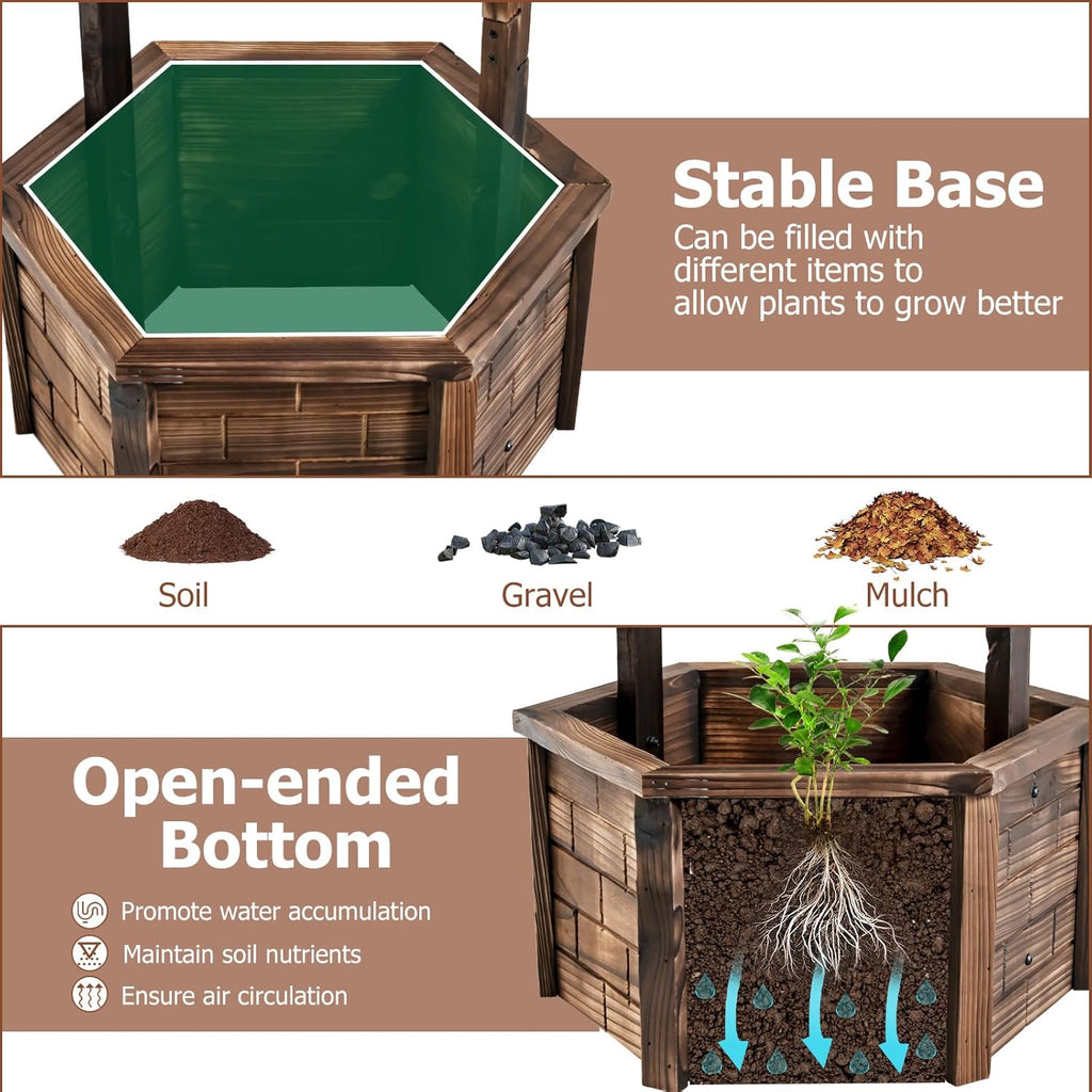 Tangkula Outdoor Wishing Well Planter, Old-Fashioned Wood Wishing Wells for Yard, Rustic Farmhouse Flower Planter Decoration for Garden, Backyard