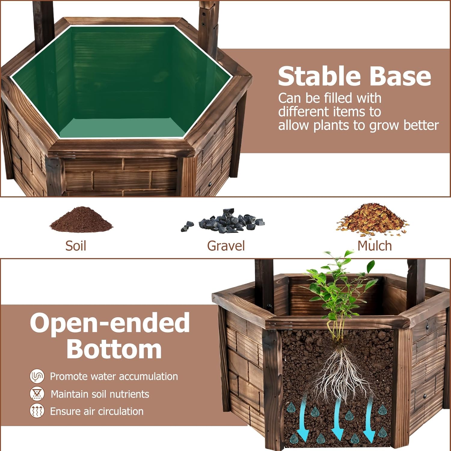 Tangkula Outdoor Wishing Well Planter, Old-Fashioned Wood Wishing Wells for Yard, Rustic Farmhouse Flower Planter Decoration for Garden, Backyard