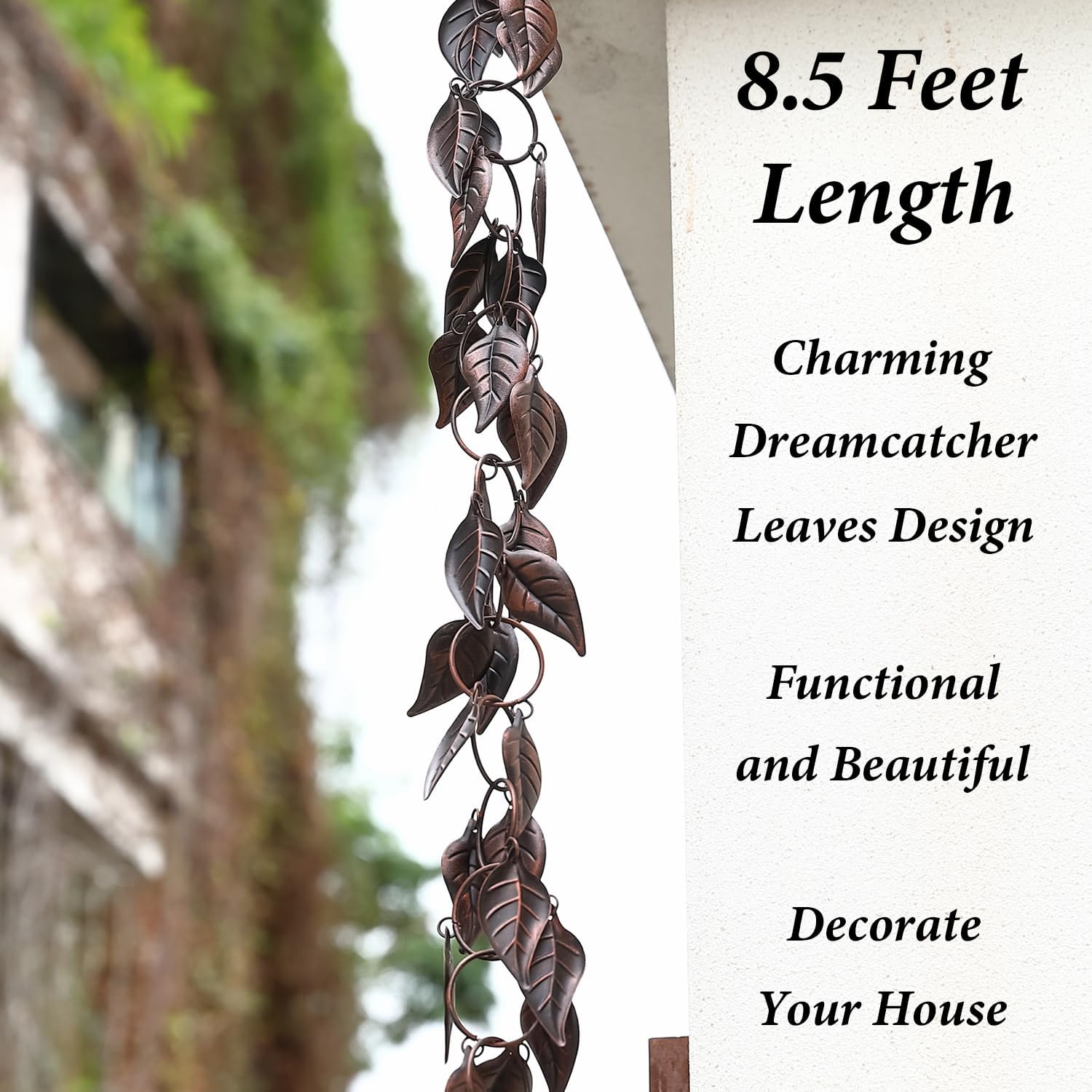 8.5 FT Rain Chain, Leaves Rain Chains for Gutters and Downspouts, Decorative Rain Chains for Outside, Metal Rain Catcher Gutter Chain Downspout, Decorate Your House and Garden, Antique Copper