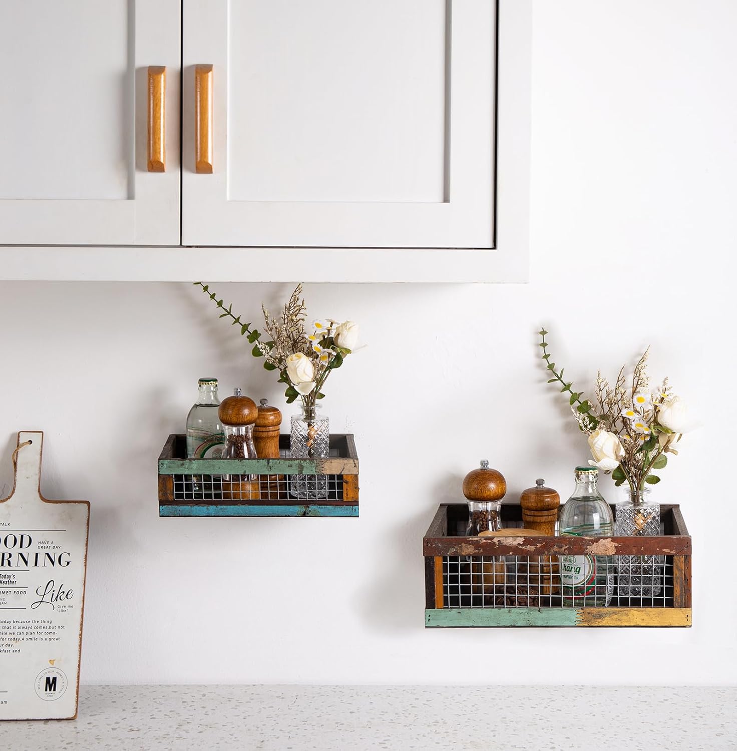 TIMRIS Set of 2 Rustic Wooden Countertop Baskets, Farmhouse Distressed Nesting Boxes, Small Decorative Wooden Storage Crates, Reclaimed Wood Organizer Baskets with Wire Mesh (Random)