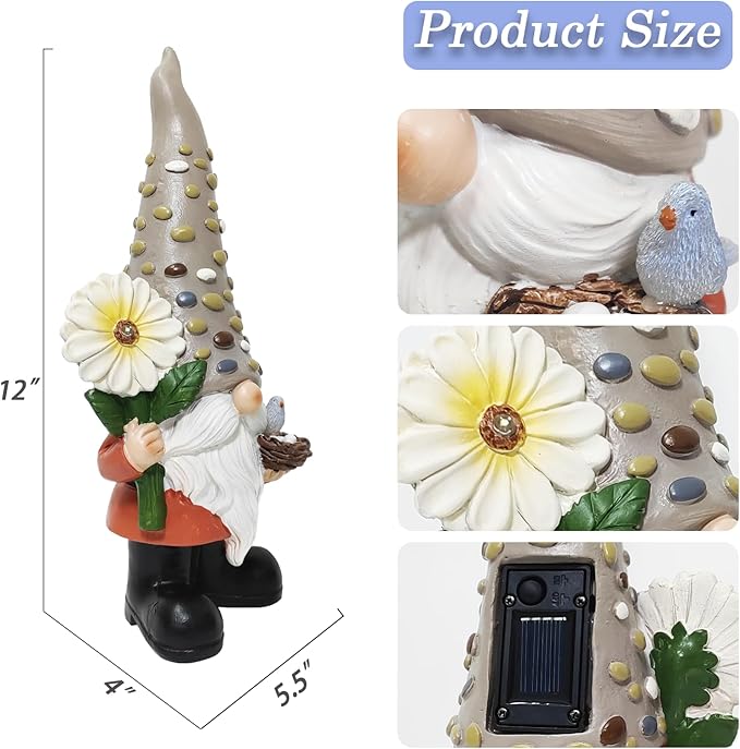 12 Inch Solar Garden Gnome Statue Clearance with Sunflower and Bird's Nest Light – Outdoor High Hat Gnome Sculpture Outdoor Statue for Patio and Garden Decor – Figurine Gift for Gnome Lovers