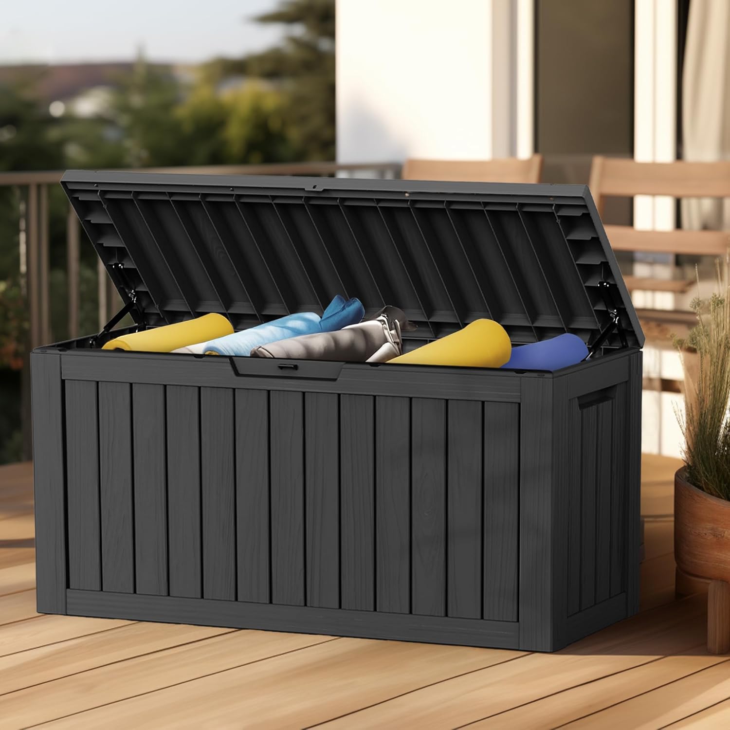 80 Gallon Outdoor Storage Box Waterproof, UV Resistant Resin Deck Box with Hydraulic Rod, Reinforced Stability for Patio, Garden, Striped Black