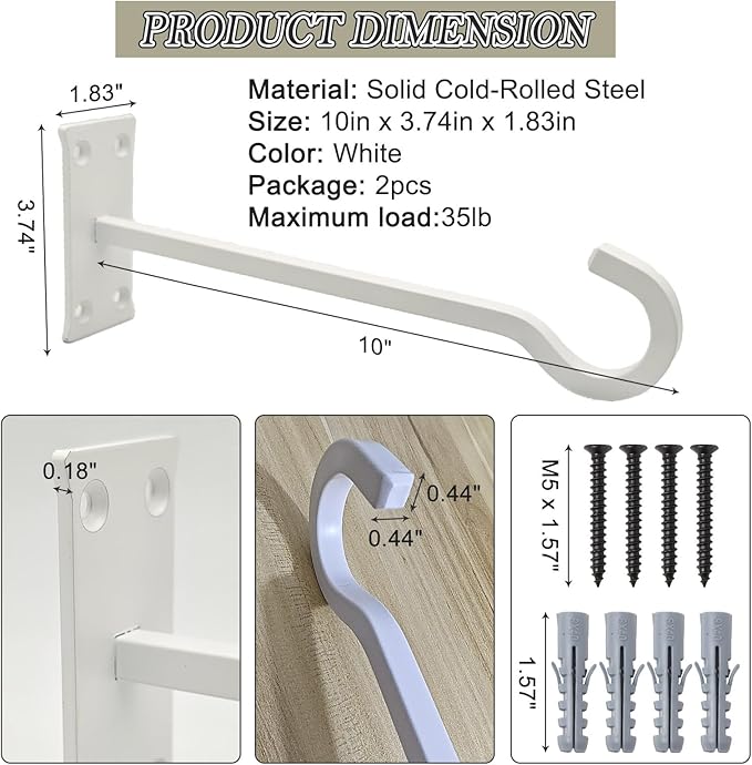 10inch Heavy Duty Plant Hangers Outdoor or Indoor Bird Feeder Hanger Shepherd Hooks 2pcs White Metal Wall Hook for Hanging Plant Bracket, Lantern, Flower Basket, Wind Chimes
