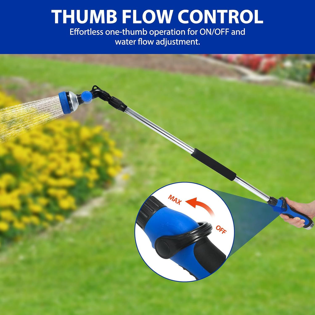 Telescoping Watering Wand for Garden Hose, 36”-54” Adjustable, 10 Spray Patterns, Heavy-Duty Hose Nozzle with Thumb Control & Pivoting Head, Ideal for Hanging Baskets and Shrubs, Blue