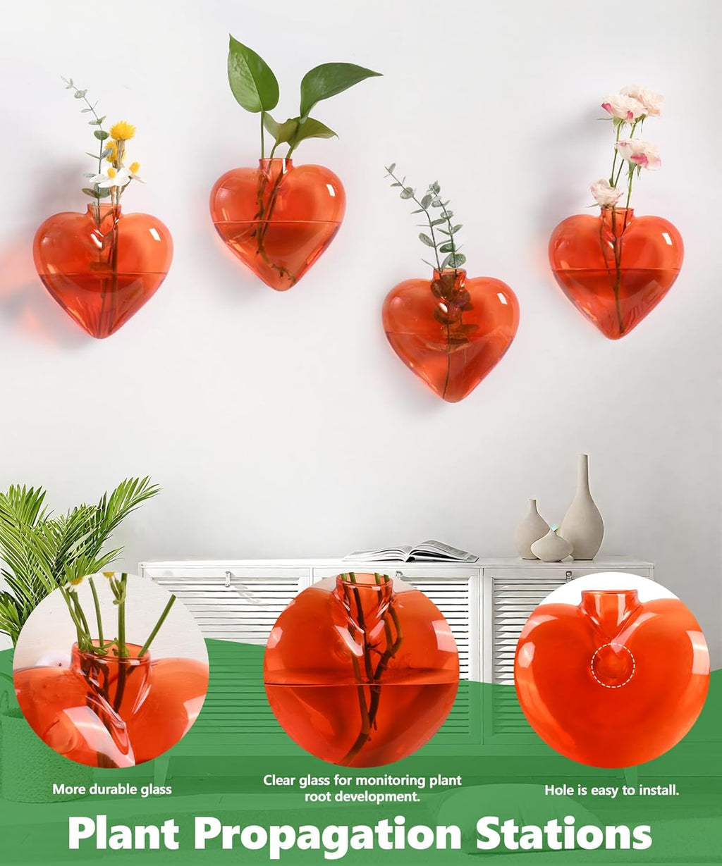 Nacome Wall Hanging Glass Planter Terrarium Plant Propagation Station, 4 Pack Heart Shape Vase for Hydroponic Home Office Garden Decor,Unique Gardening Gifts for Plant Lovers Women Mom(Orange)