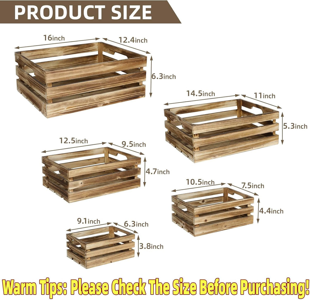 Set of 5 Large Wooden Crates, Nesting Storage Crate with Handles, Rustic Torched Brown Farmhouse Wooden Crates for Display, Wedding Birthday Home Party Living Room Kitchen Decoration