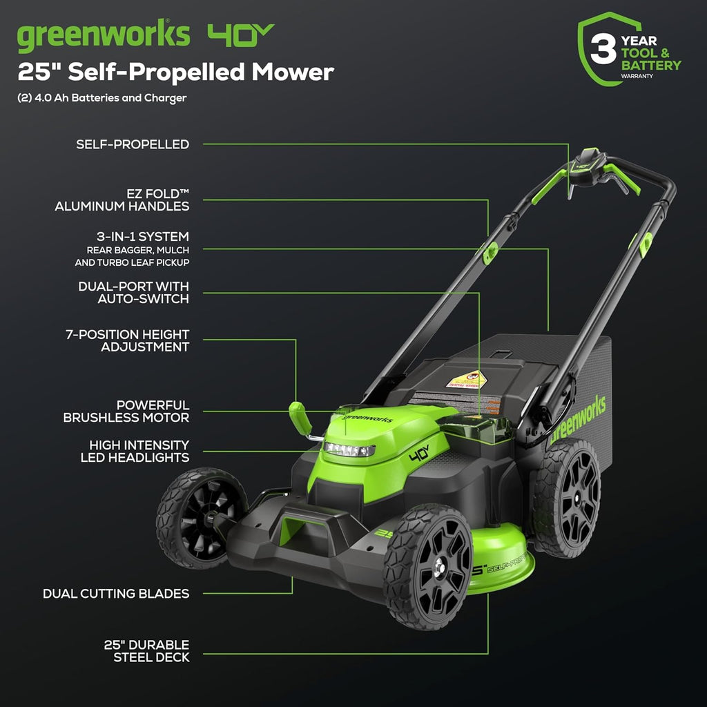 Greenworks 40V 25" Brushless Cordless (Self-Propelled) Lawn Mower (75+ Compatible Tools), (2) 4.0Ah Batteries and Dual Port Rapid Charger Included