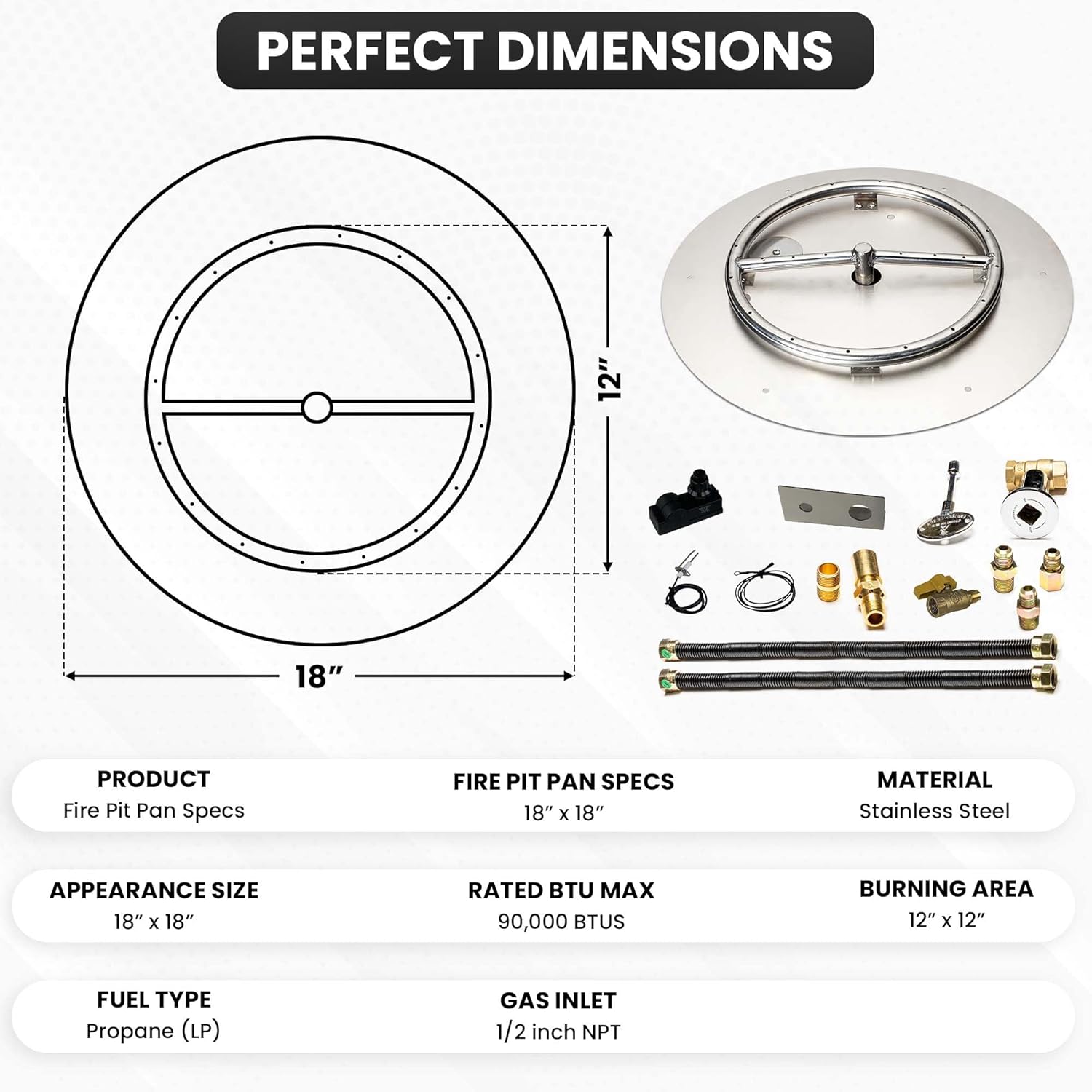 Stainless Steel Fire Pit Burner Pan & Ring Deluxe Kit for Liquid Propane, 18-Inch Pan, 12-Inch Ring, 90,000 BTU Max