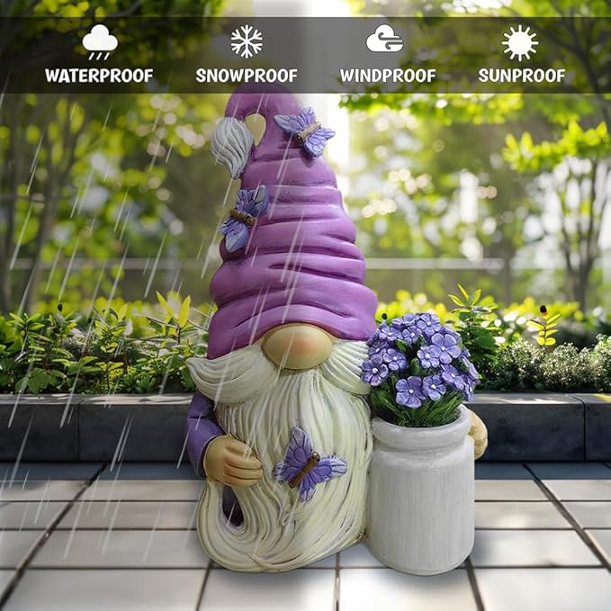 Garden Grace Lavender Gnome Figurine, 10" Purple Home Decor Statue with Butterflies and Flowers