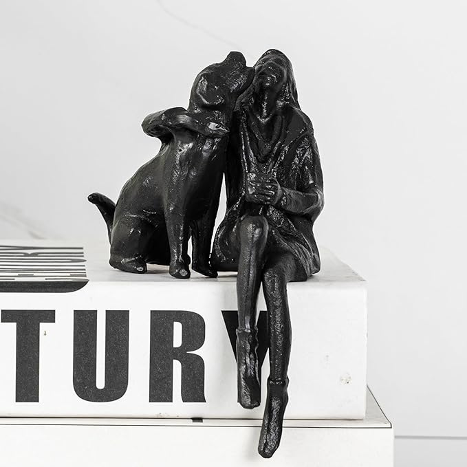 Cast Iron Sitting Woman and Dog Statue, Love Figurine, Gifts for Dog Lovers, Memorial Gifts for Women and Girls, Black