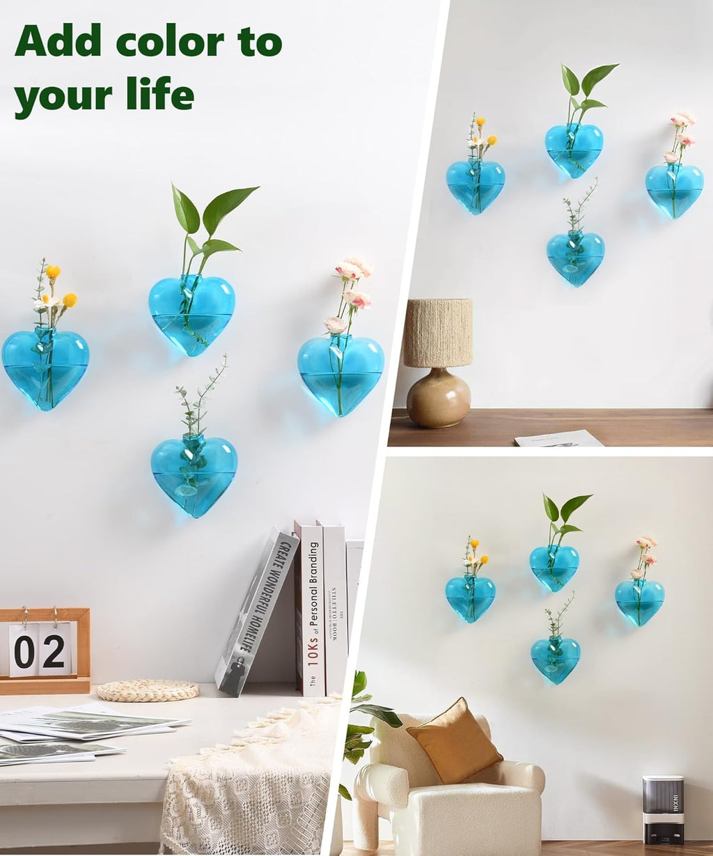 Nacome Wall Hanging Glass Planter Terrarium Plant Propagation Station, 4 Pack Heart Shape Vase for Hydroponic Home Office Garden Decor,Unique Gardening Gifts for Plant Lovers Women Mom(Blue)