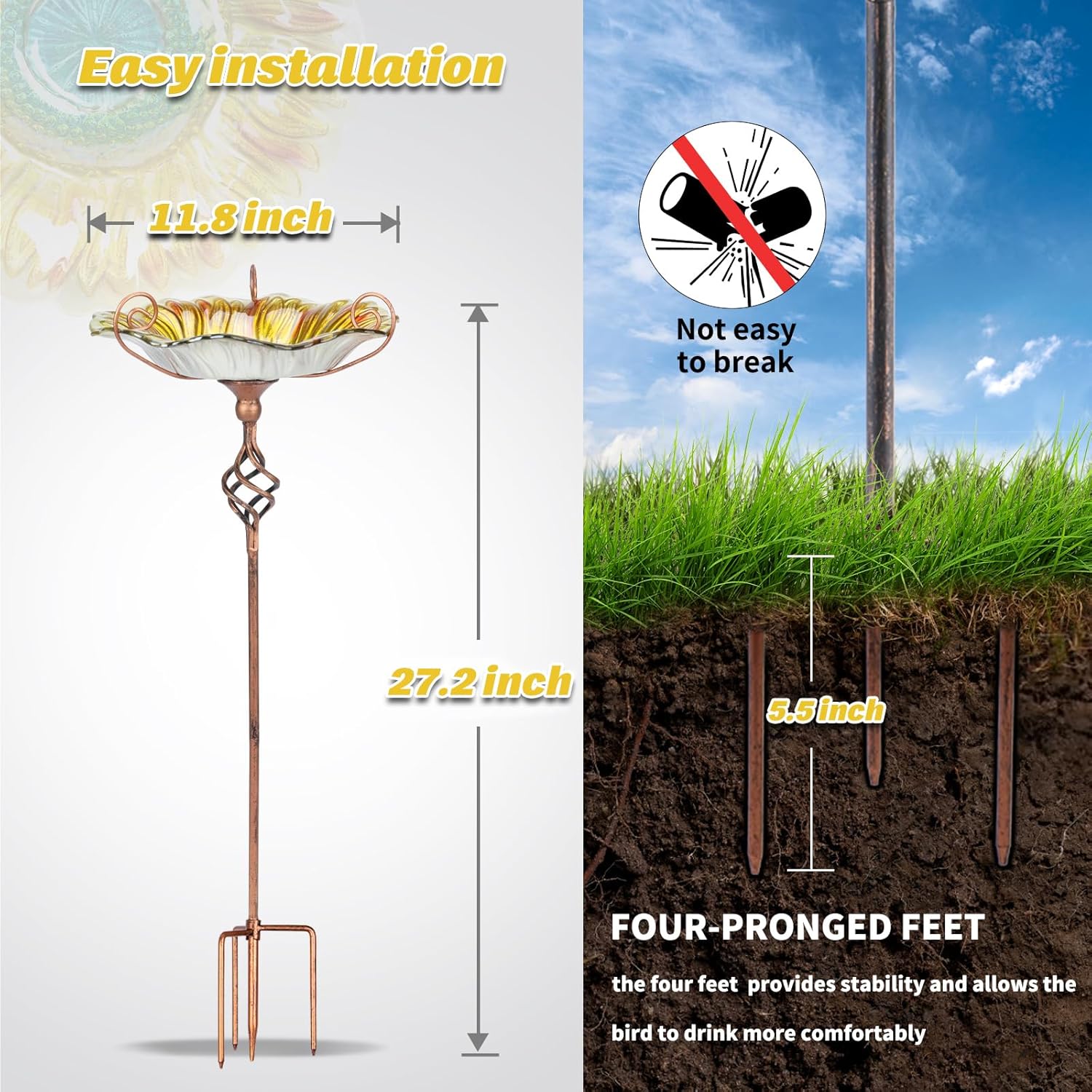 MUMTOP Bird Baths for Outdoors,Outdoor Bird Bath, Glass Birdbath Sunflower Bird Feeders Bowl with Stake for Garden Yard Decor (Yellow)