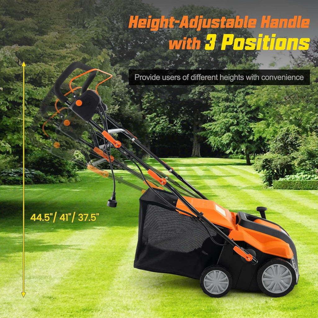 Goplus 2-in-1 Scarifier and Lawn Dethatcher, 16-Inch 15A Corded Electric Dethatcher w/ 14.5-Gal Collection Bag, 3-Position Height Adjustment & 5-Position Depth Adjustment, for Grass Garden Yard