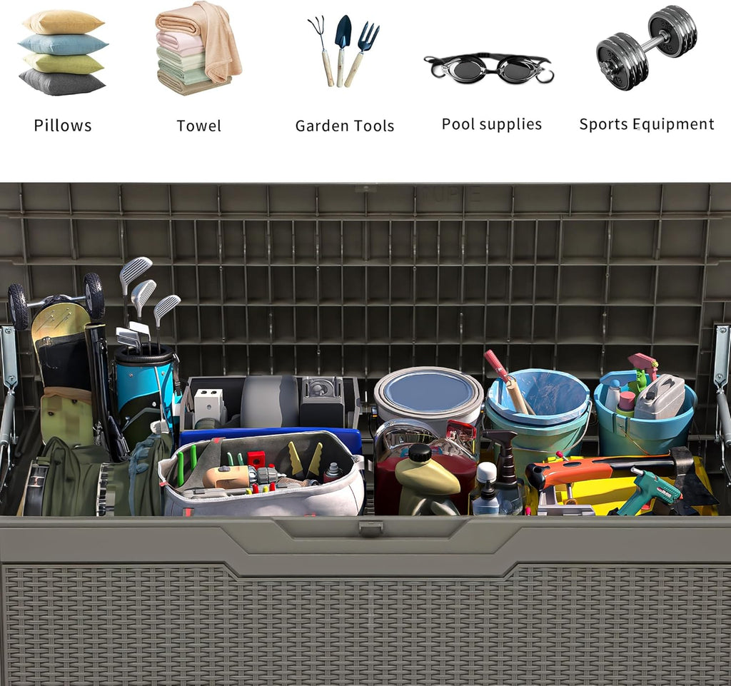 YITAHOME 80 Gallon Resin Deck Box, Weather Resistant Outdoor Rattan Storage Box, Lockable Indoor Outdoor Storage for Supplies and Essentials, Taupe