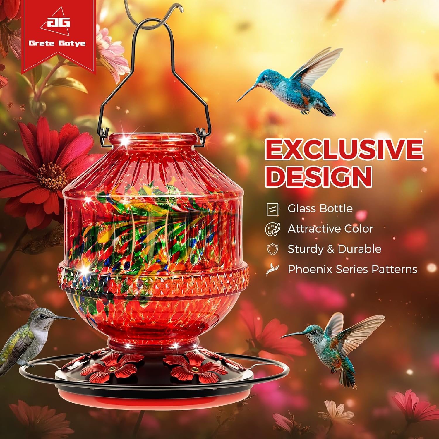 Blown Glass Hummingbird Feeders for Outdoors, 25 Ounces Wild Bird Nectar Feeder with Perch & 5 Flower Feeding Ports Leak Proof Hanging for Garden Backyard Decor, Gifts for Women Mom, Red