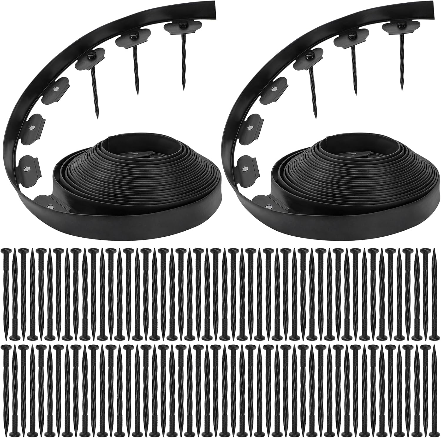 Bonviee 1.5 Inch x 66FT Garden Border Edging Kit with 100 Anchoring Spikes, Flexible Garden Edging for Landscaping, Flower Beds, Lawn, Yard, and Paver Pathways