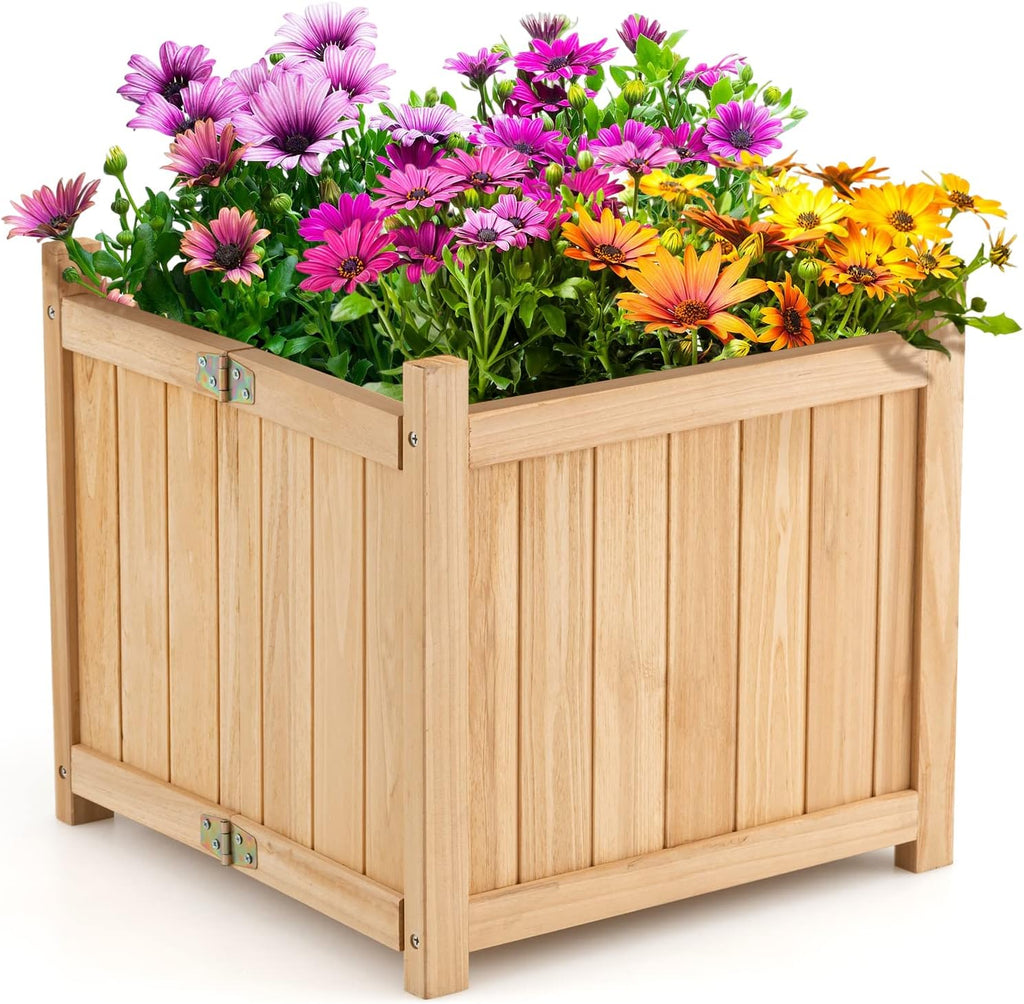 S AFSTAR Outdoor Wooden Planter Box, Folding Raised Garden Bed W/Drainage Hole, Patio Square Plant Container for Flowers, Vegetables, Fruits, Herbs, Collapsible Planting Box for Yard, 15" x 15" x 14"