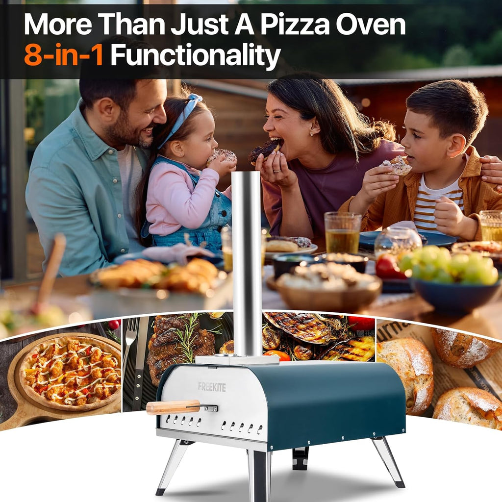 Pizza Oven 13 Inch Outdoor Wood Fired Portable Stainless Steel Pizza Oven with Pizza Stone for Family Outside Cooking Camping Backyard BBQ Pizza Maker Garden Kitchen(Blue-gery 13IN)