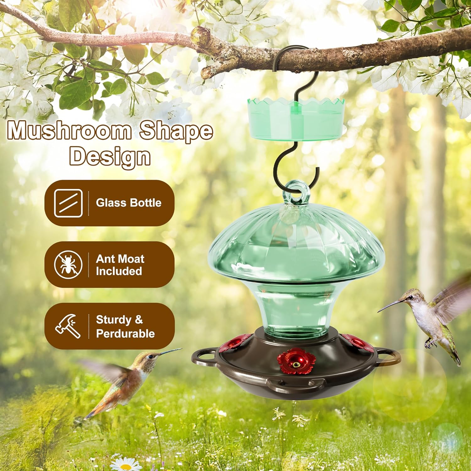 Hummingbird Feeder, Auslar 15 Ounces Glass Hummingbird Feeders for Outdoors Hanging Ant and Bee Proof, Ant Moat & 4 Flower Feeding Ports, Rustproof, Leakproof, Mushroom Shape, Green