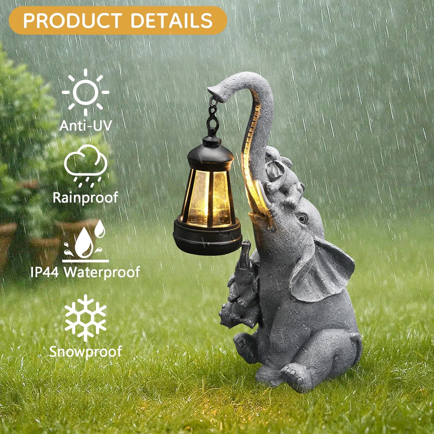Solar Elephant Garden Lantern Statue Decor - Blessing Guardian, Auto On/Off Weatherproof Resin for Patio, Safari Theme & Good Luck Gift