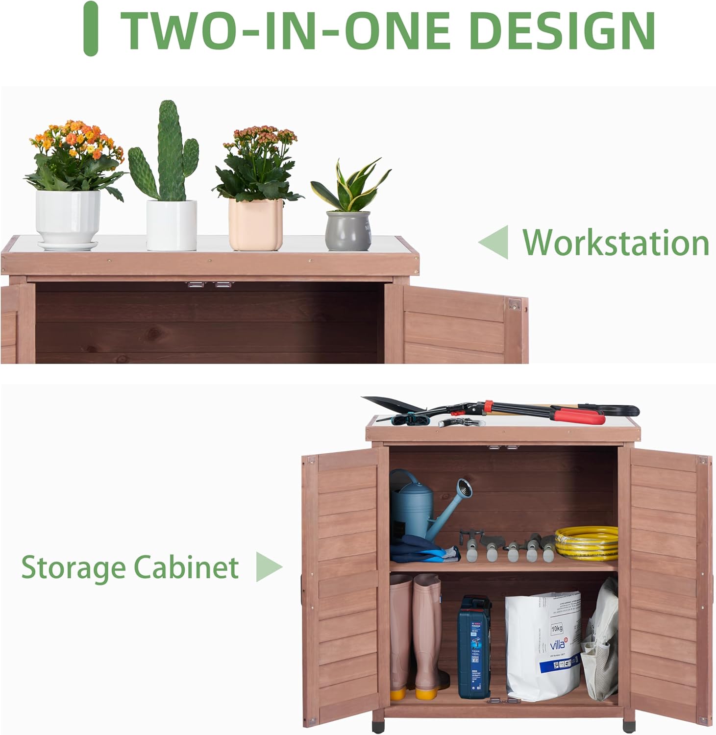 Potting Bench with Storage Cabinet and Metal Table Top for Outdoor Patio, Garden Furniture Wood Workstation