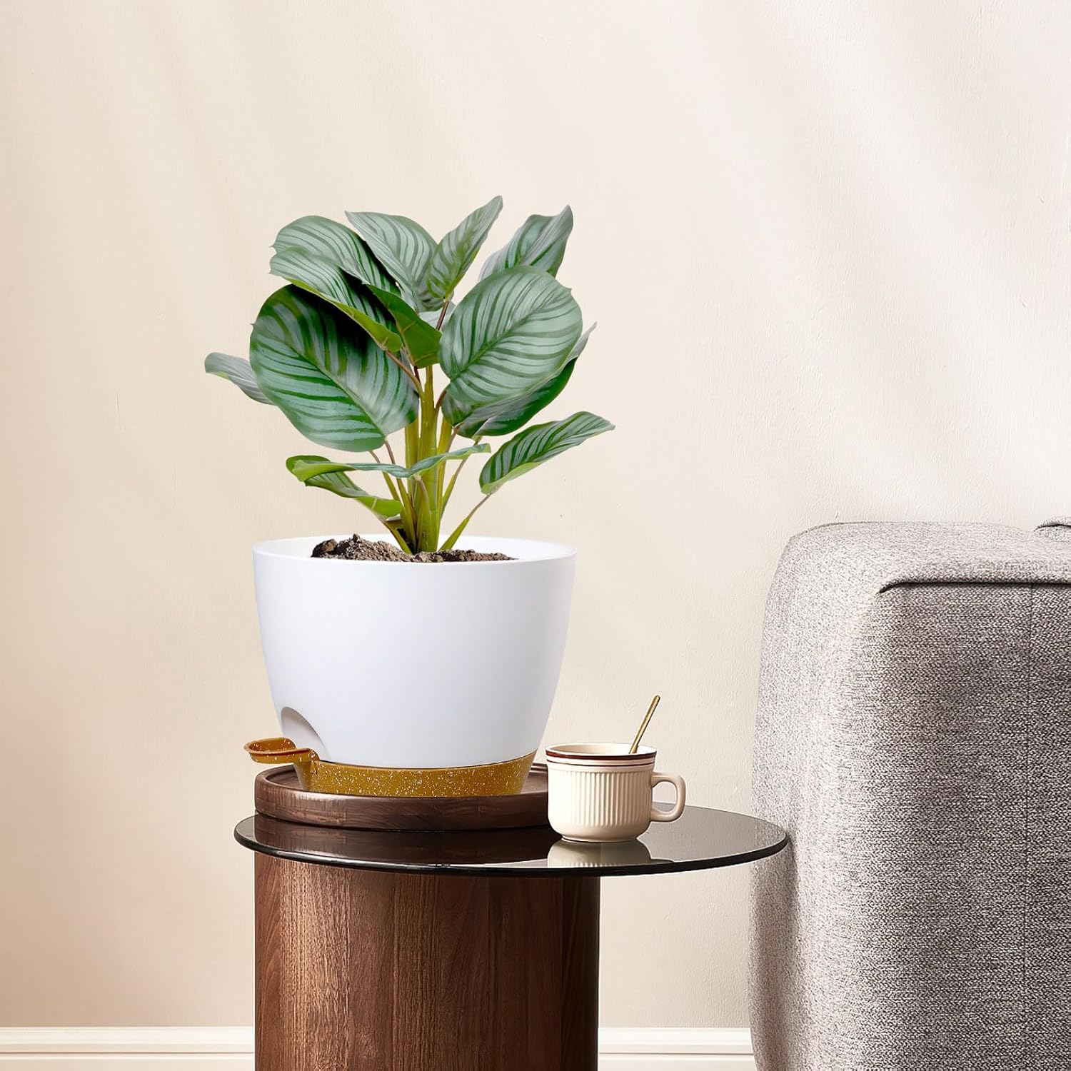 10 inch Self Watering Pots, 2 Pack Plastic Planters with Mesh Drainage Holes for Garden Plants, Plants Pots with Deep Reservoir for Indoor Outdoor Plants, White with Brown