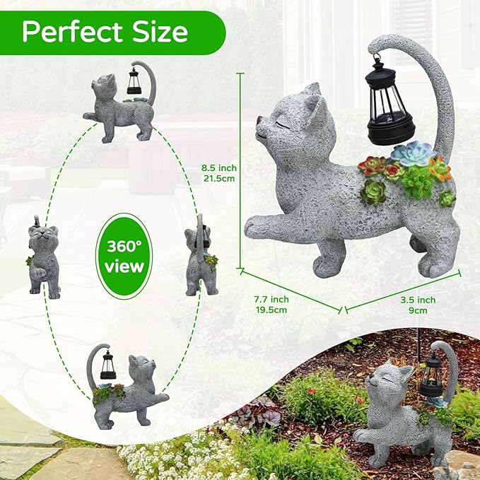 Solar Garden Outdoor Statues Cat with Succulent Solar Lantern, Lawn Decor Kitten Figurine for Patio Balcony Yard, Yard Unique Christmas Birthdays Gift for Mom Grandma