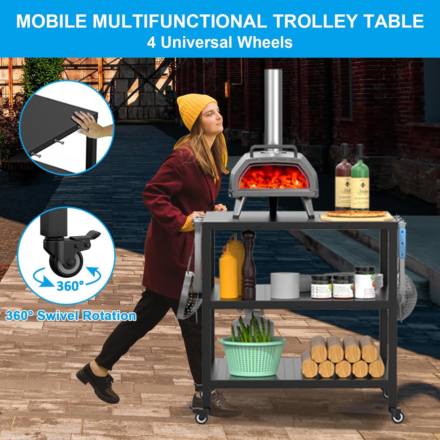 Outdoor Grill Cart Pizza Oven Stand Table with Wheels, Three-Shelf Movable Dining BBQ Food Prep and Work Cart Table, Kitchen Rolling Trolley Cart, Grill Tables for Outside with Waterproof Cover