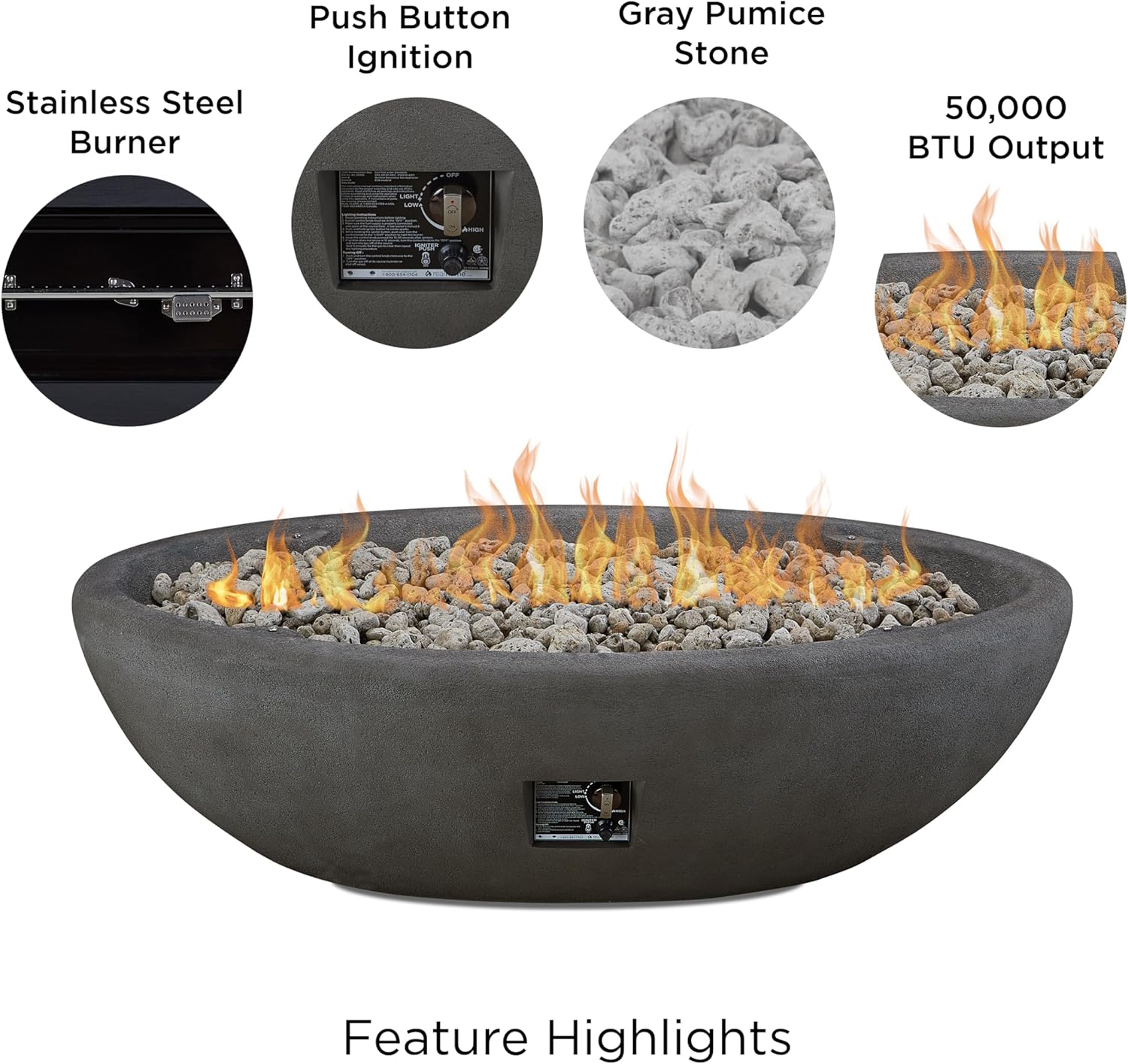 Real Flame Riverside 58" Oval Propane Fire Pit Bowl, Push-Button Ignition, Includes 28" Stainless Steel Burner, Lightweight 50,000 BTUs of Heat - Adjustable Flame Height