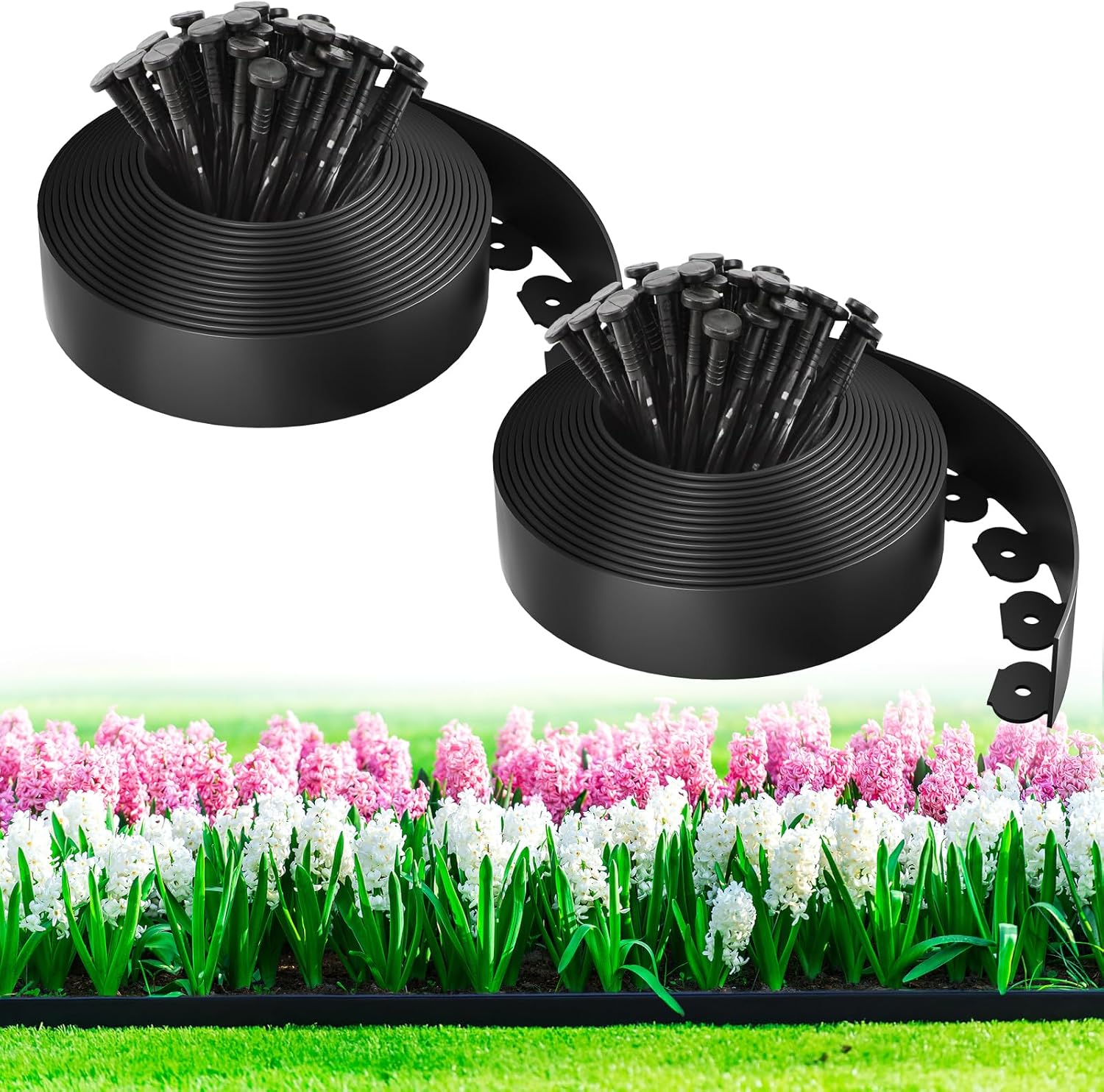 MIXC 66ft, 1.5in Tall Landscape Edging Kit with 100 Spikes, No-Dig Flexible Plastic Edge Border for Landscaping, Lawn, Garden, Flower Beds, Yard, Paver, Playground, Fence, Pathway,2pack,33ft Each