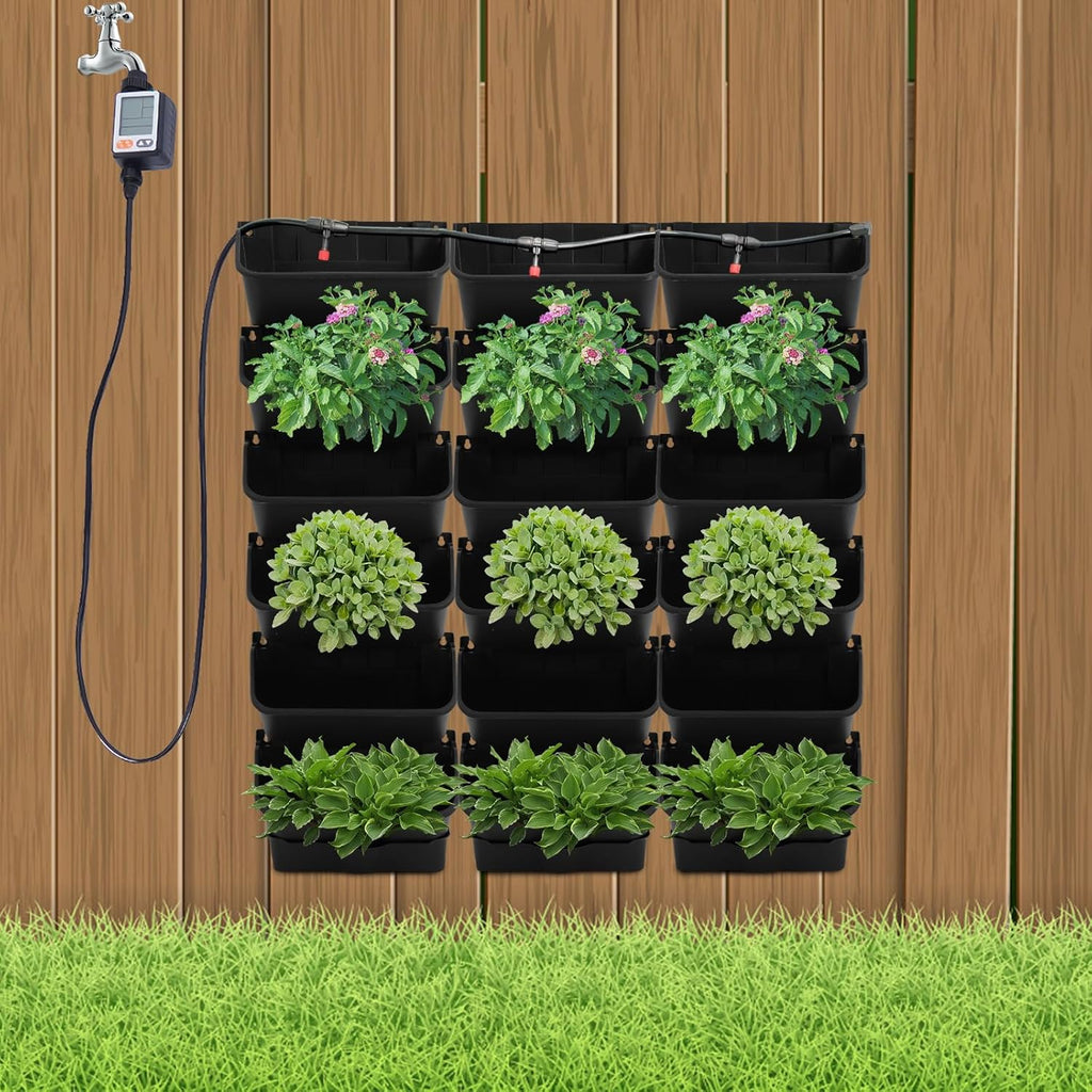 Self-Watering Wall-Mounted Planter, Vertical Garden Planter Set with 18 Pots, Stackable Plant Grow Pots with Electronic Timer for Growing Veggies, Fruits, Herbs, Flowers.