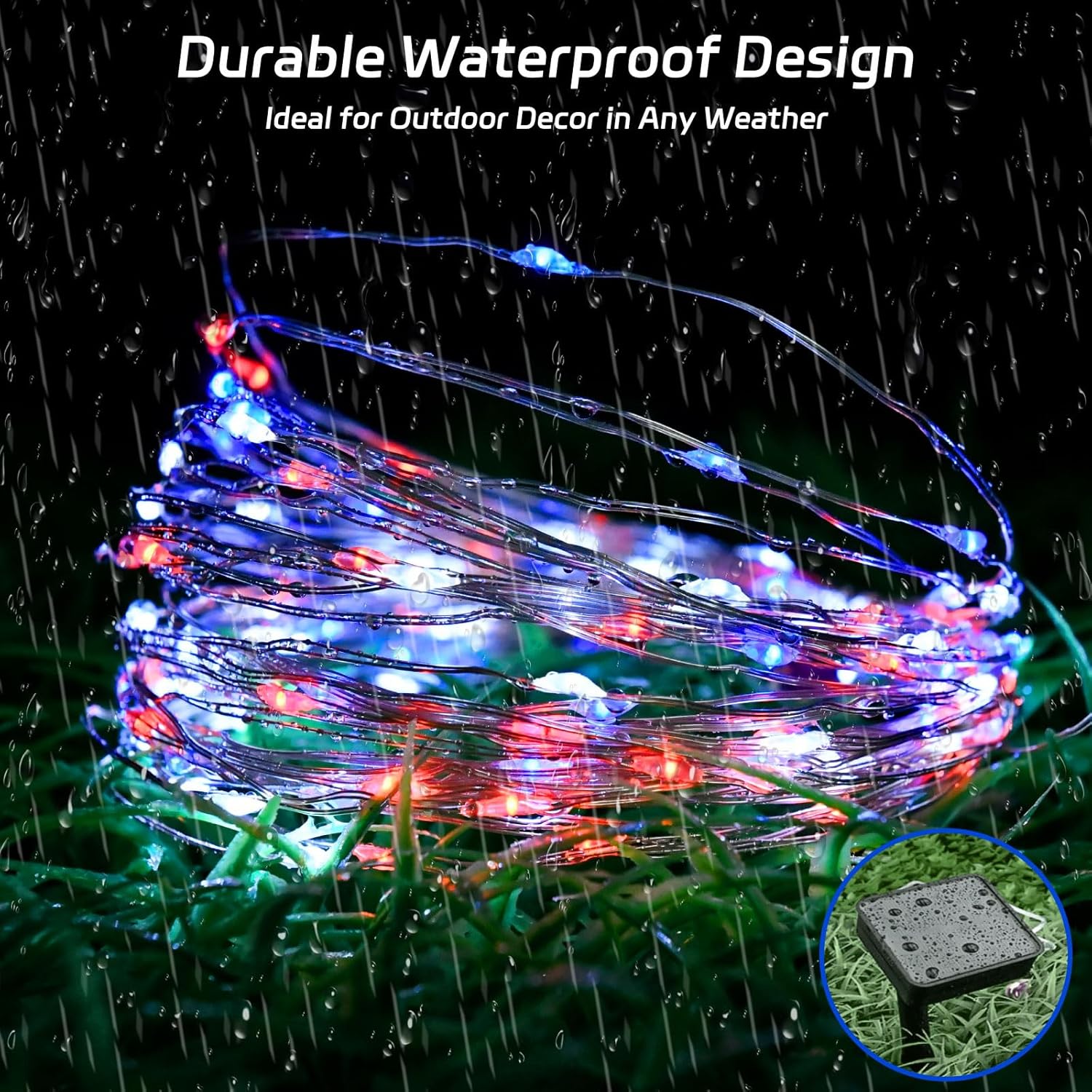 Red White and Blue Solar Fairy Lights, Memorial Day Lights Waterproof Outdoor 39.4ft 120LED 8 Modes Memory Function Independence Day Memorial Day Decorations, CS-SL-5M