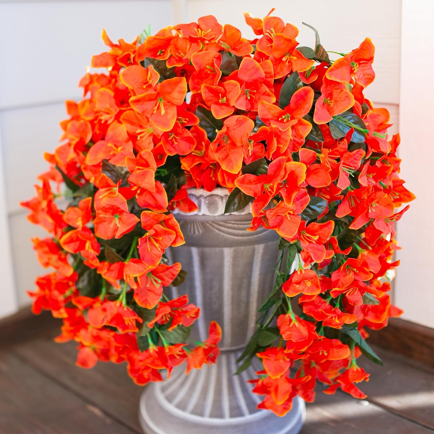 Bougainvillea Artificial Fall Hanging Flowers Plants for Outdoors Autumn Decoration, 2pcs Faux Bougainvillea Vines Orange Fake Flowers Realistic UV Resistant Silk Flowers for Outside Planter Yard Home
