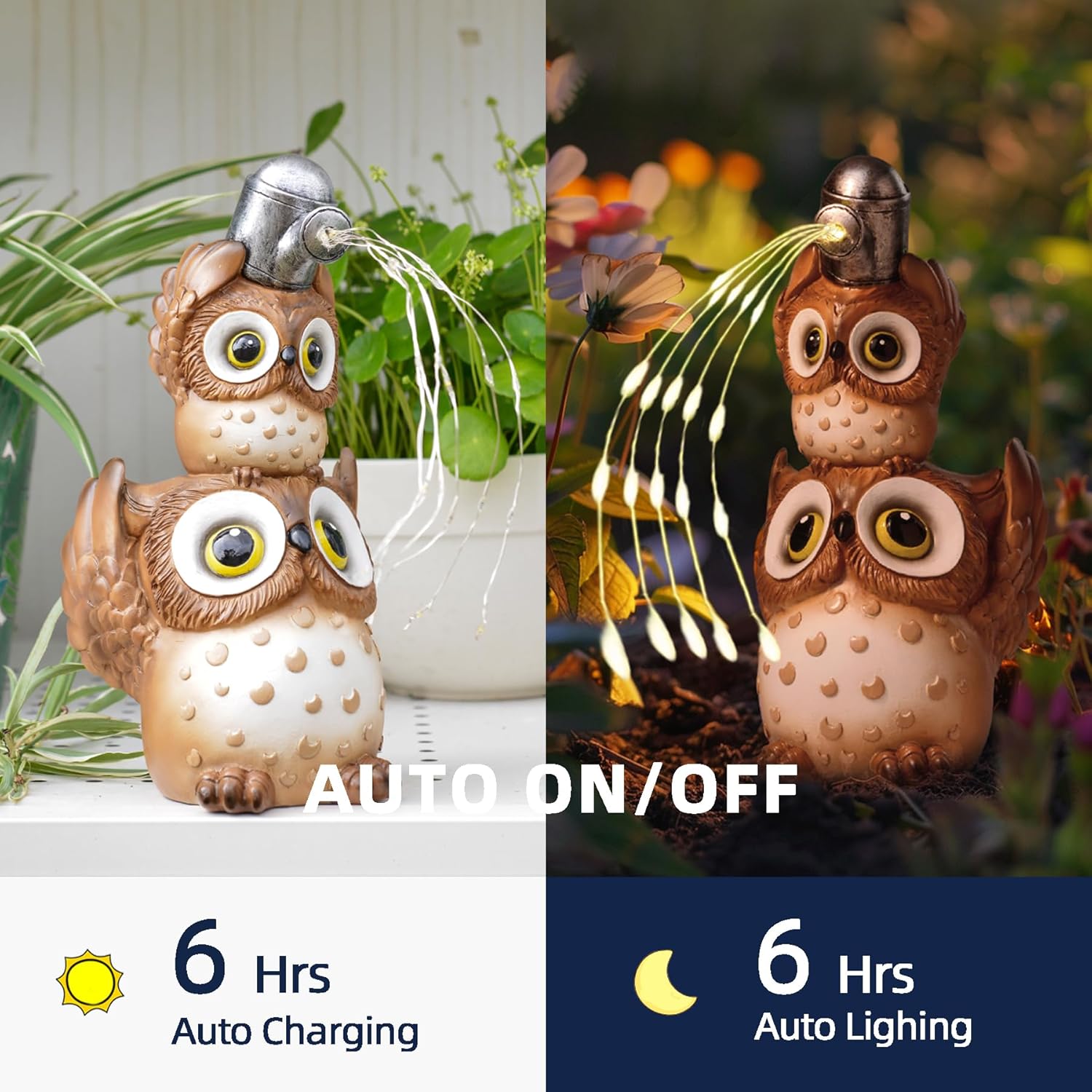 Solar Garden Statues Outdoor Decor, Watering Owl Statue Garden Decor, Resin Yard Decorations Outdoor for Patio, Porch, Balcony, Lawn Ornaments, House Warming Birthday Gifts for Mom Women Grandma