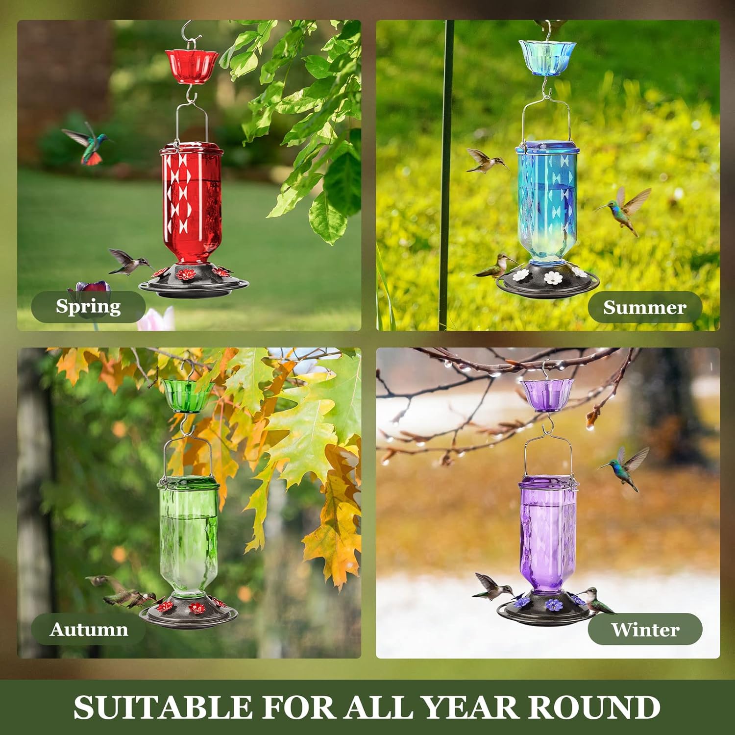 Kingsyard 2 Pack Glass Hummingbird Feeder for Outdoor Hanging, 24 Ounces, 6 Feeding Ports, Bird Nectar Feeder for Garden Décor, Ant Moat Included, Blue