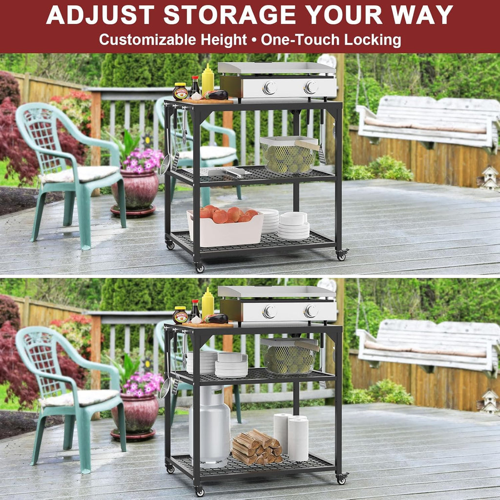 Stainless Steel Pizza Oven Table Cart with Wheels, 3-Shelf Outdoor Grill Stand for Ooni, Blackstone, Ninja Woodfire, Cuisinart and Most Grill – Portable Movable Food Prep Cart & Topping Station