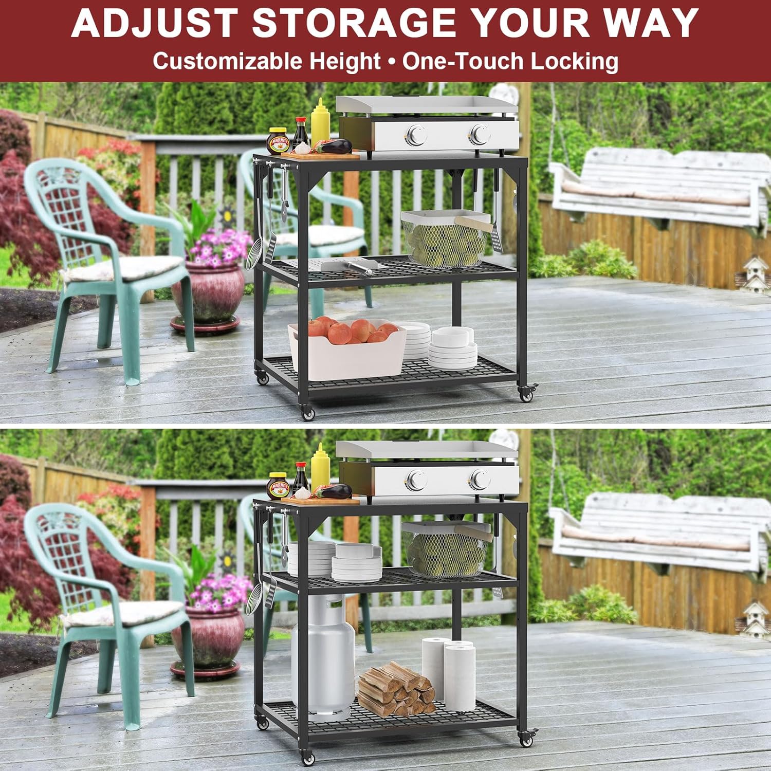 Stainless Steel Pizza Oven Table Cart with Wheels, 3-Shelf Outdoor Grill Stand for Ooni, Blackstone, Ninja Woodfire, Cuisinart and Most Grill – Portable Movable Food Prep Cart & Topping Station