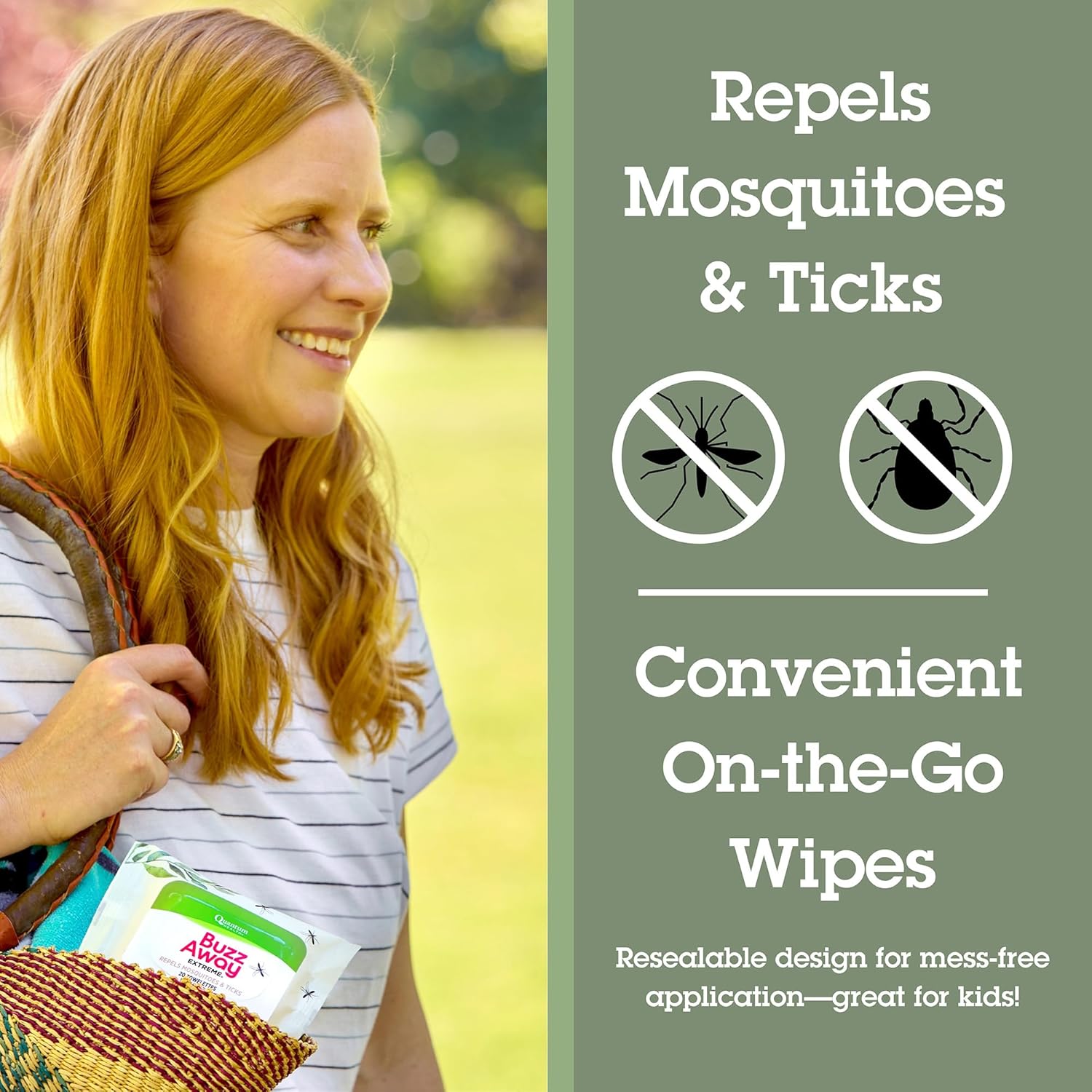 Quantum Health Buzz Away Extreme DEET Free Insect Repellent Wipes - Travel-Friendly Citronella Oil Mosquito & Tick Outdoor Bug Repellent Towelettes, Kids & Adults - 20 Individual Wipes
