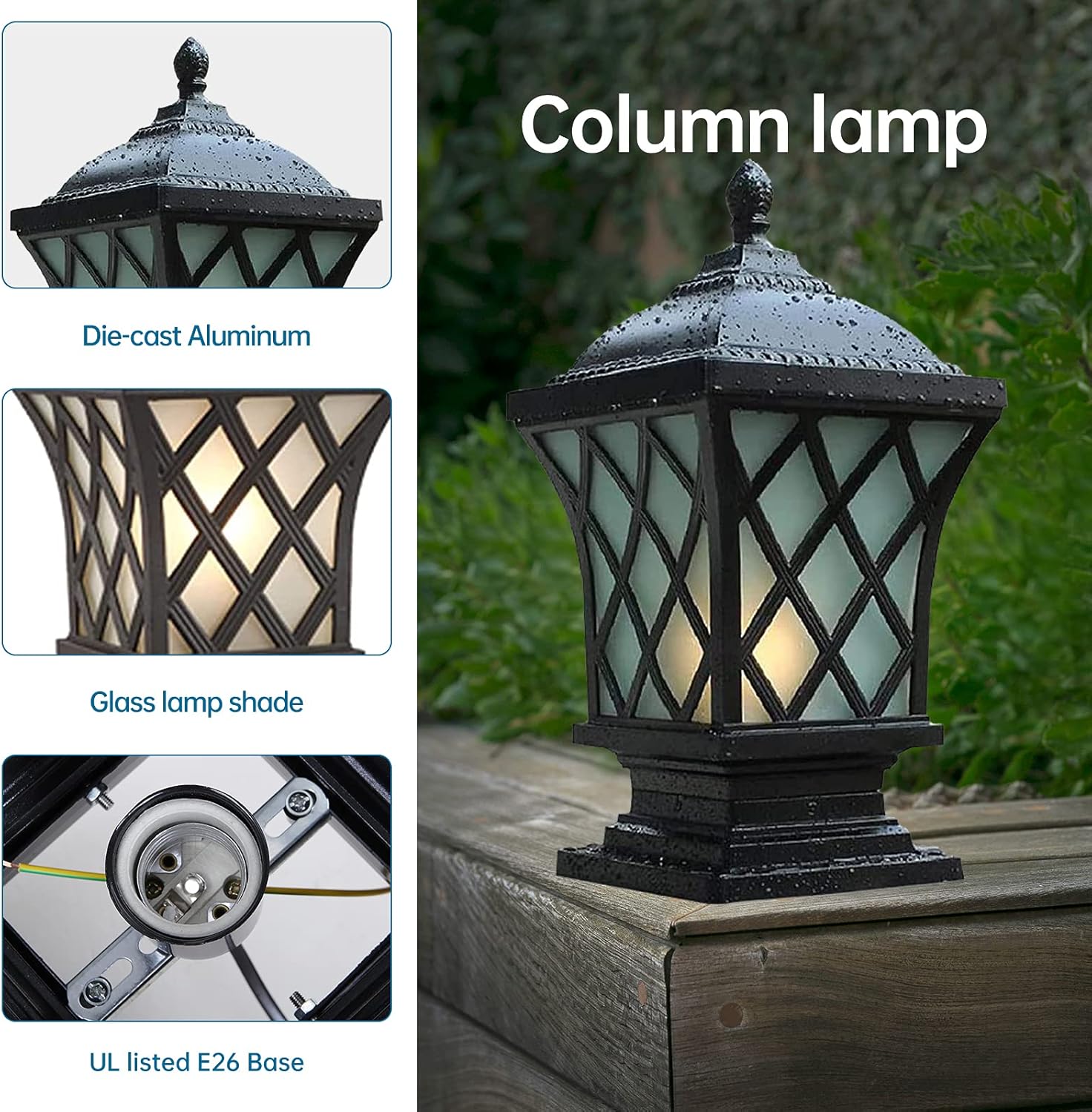 Outdoor Column Lights, 24.4″ Modern Column Lamp IP54 Waterproof Glass Post Light Outdoor E26 Aluminum Fence Post Light Fixtures for Villa Garden Park Lighting Black Pillar Lights