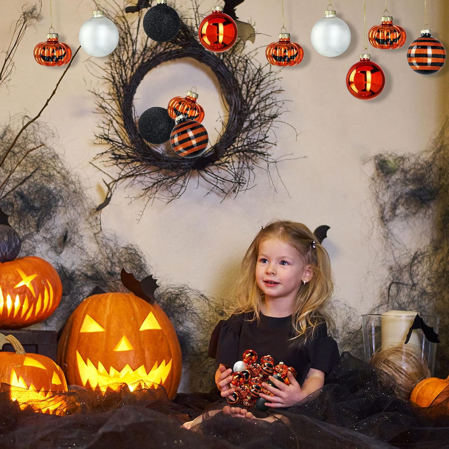 Halloween Tree Ornament Decorations Indoor, 12-Pack Pumpkin Decorative Hanging Ball Ornaments Set for Halloween Christmas Tree, Cute Holiday Party Indoor Home Decor